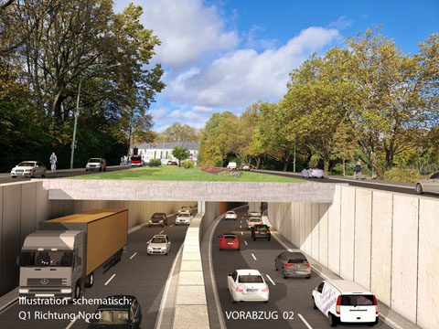 Visualisierung zum Straßenumbau mit neuer Verkehrstrasse in Essen